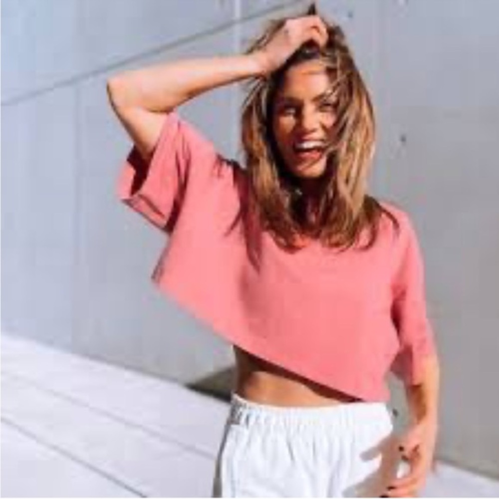 Top Shop Cropped Raw Hem Distressed Peach T-Shirt Cotton Size 8